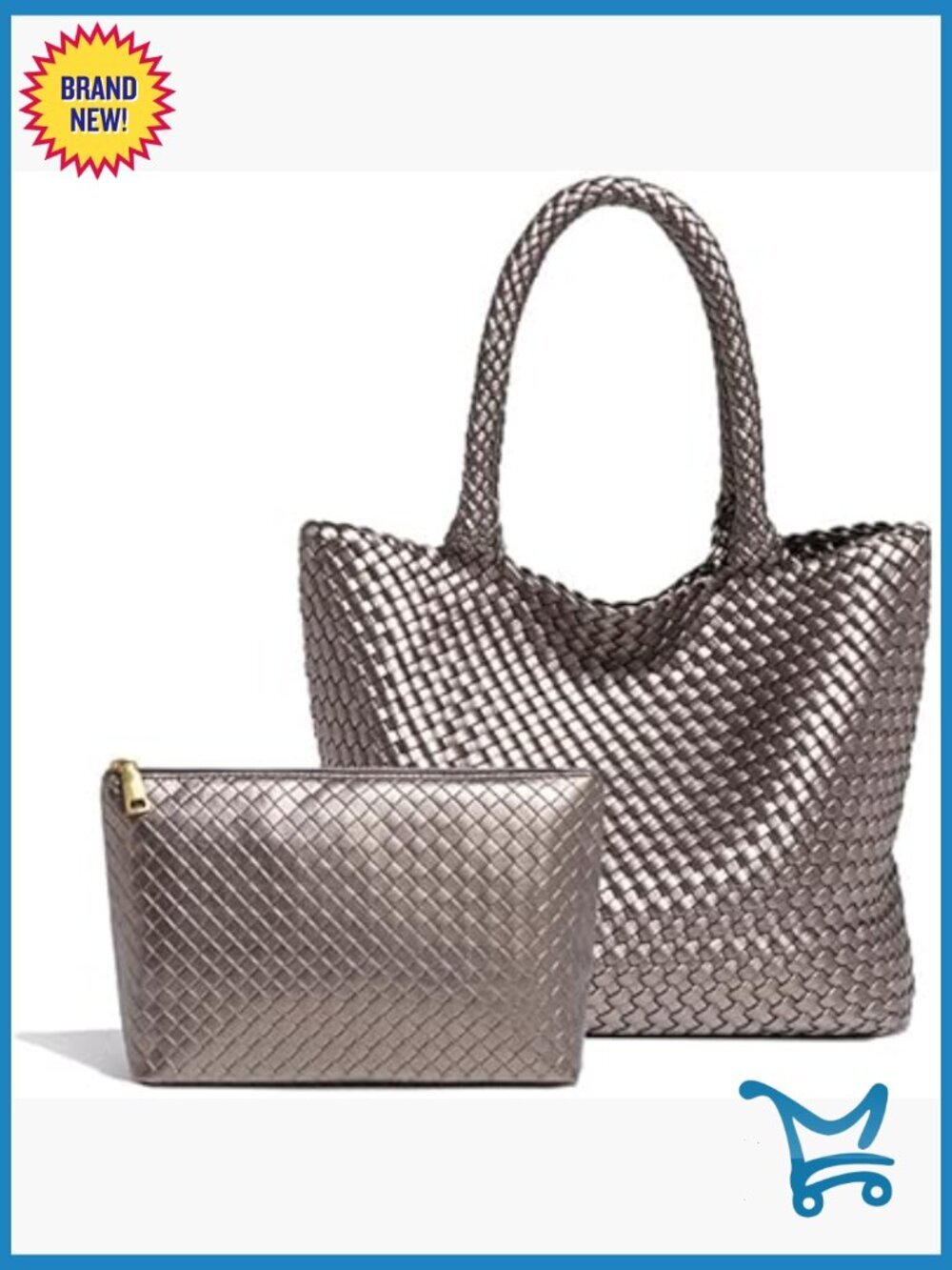 Vegan Leather Woven Tote Bag with Pouch Fits 14" Laptop